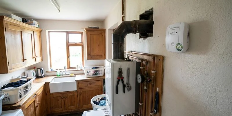 Carbon monoxide alarm mounted on a wall near a boiler flue pipe in an Irish home utility room