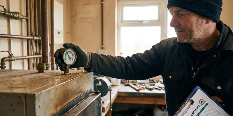Close-up of a heating engineer checking oil boiler pressure gauge during annual service inspection