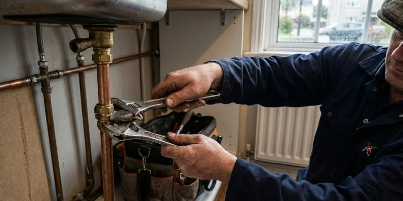 Close-up of a plumber tightening a compression fitting on a copper pipe with two adjustable spanners