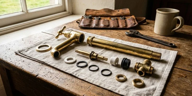 Disassembled traditional pillar tap showing brass headgear washer and components on a workbench