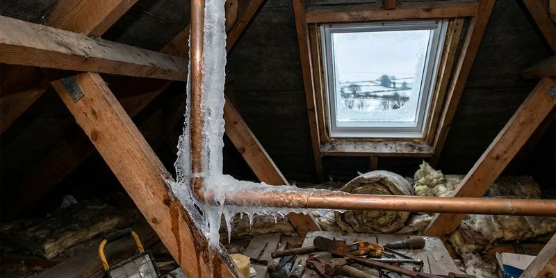 Frozen copper pipe in an attic space of a Sligo bungalow showing frost and ice during winter