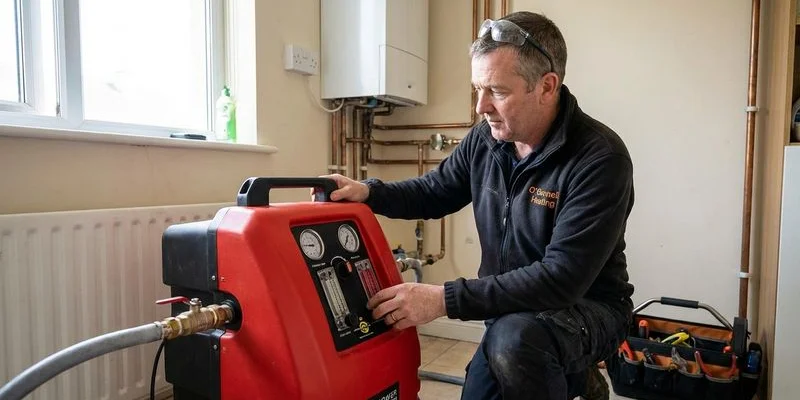 Heating engineer monitoring power flush machine gauges while cleaning a central heating system