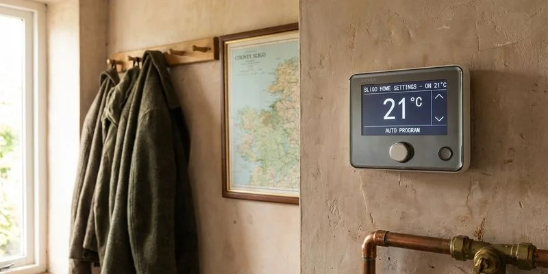 Heating system programmer and thermostat controls mounted on wall showing heating and hot water settings