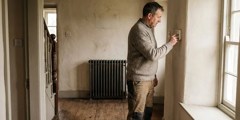Homeowner adjusting thermostat on wall in hallway of a Sligo home with radiator visible in background