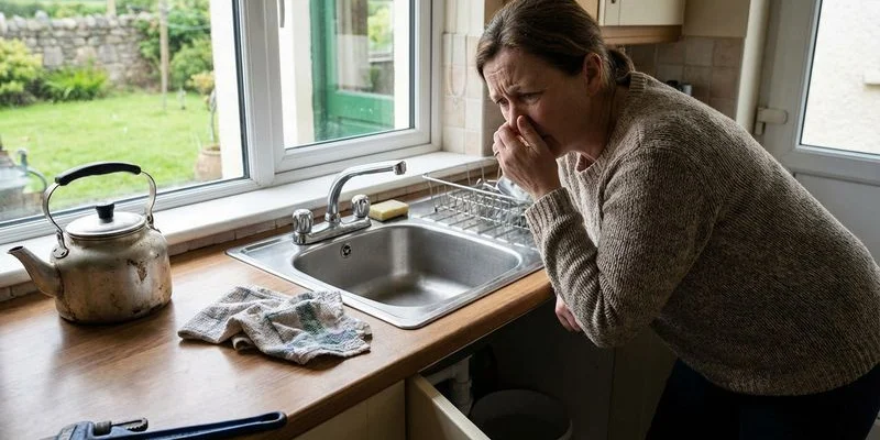 Homeowner noticing bad smell from kitchen sink drain with concerned expression in a Sligo home