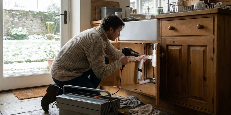 Homeowner using a hairdryer to gently thaw a frozen pipe under the kitchen sink during cold weather