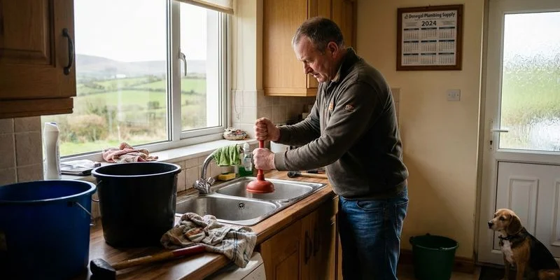 Homeowner using a plunger to clear a blocked kitchen sink drain in a County Sligo home