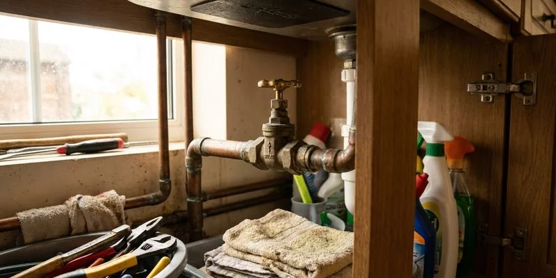 Internal stopcock valve location under kitchen sink cabinet showing brass valve on copper pipe