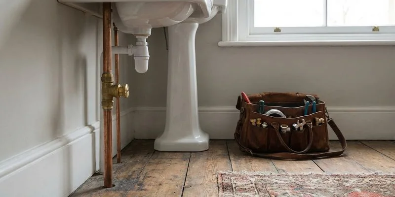 Isolation valve with slotted head on supply pipe beneath bathroom basin showing off position for maintenance