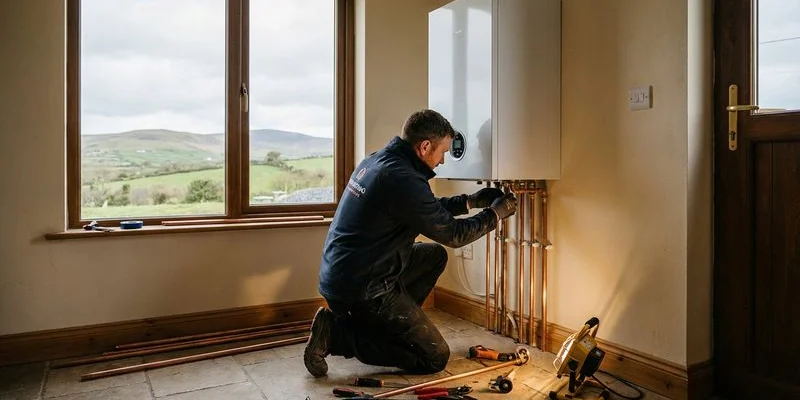 Modern energy-efficient condensing boiler being installed by a qualified heating engineer in a Sligo home