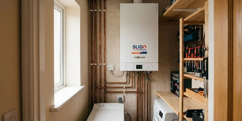 Modern condensing gas boiler wall-mounted in a compact kitchen utility area of a Sligo town apartment
