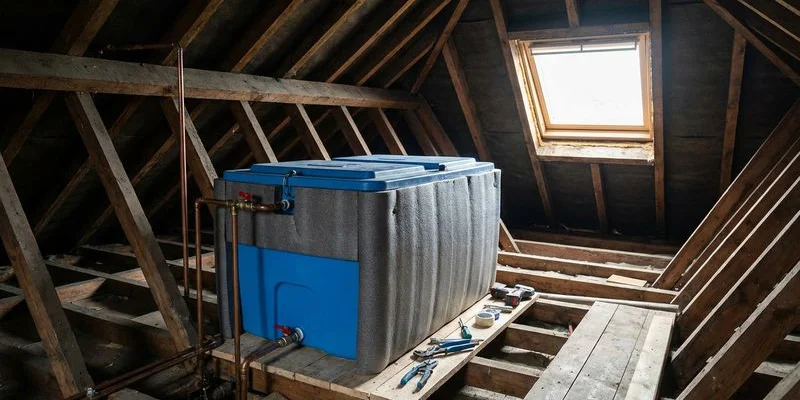 New plastic cold water storage tank being installed in attic space with proper insulation and lid