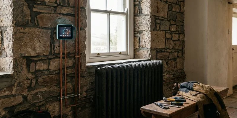 Old cast iron radiator in a period property alongside modern thermostat showing blend of old and new