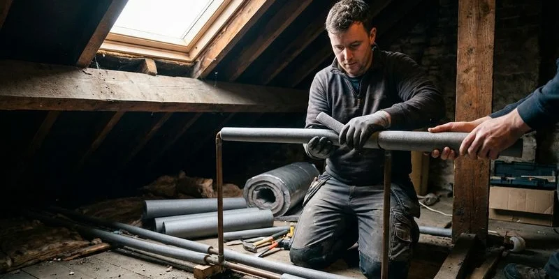 Pipe lagging insulation being fitted around copper pipes in an attic space to prevent winter freezing