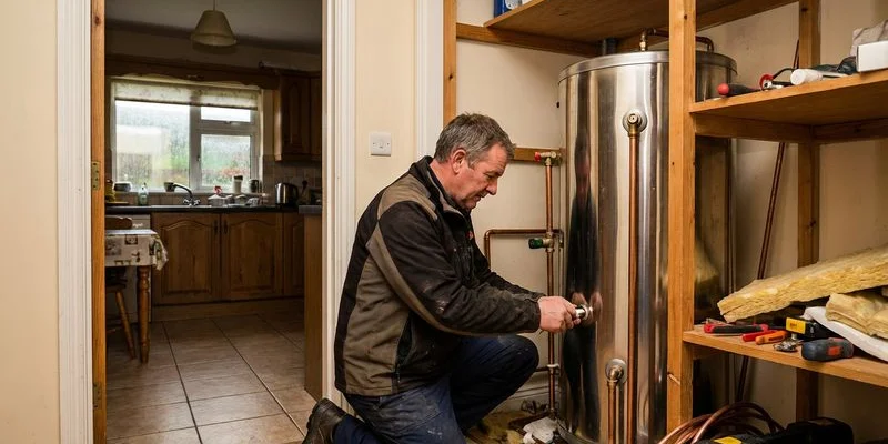 Plumber installing a new stainless steel hot water cylinder in the airing cupboard of a Sligo home