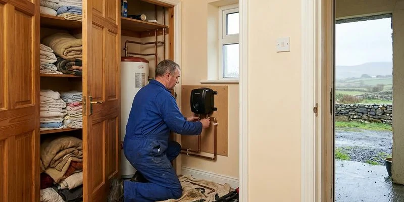 Plumber installing a shower booster pump unit in the airing cupboard of a County Sligo bungalow
