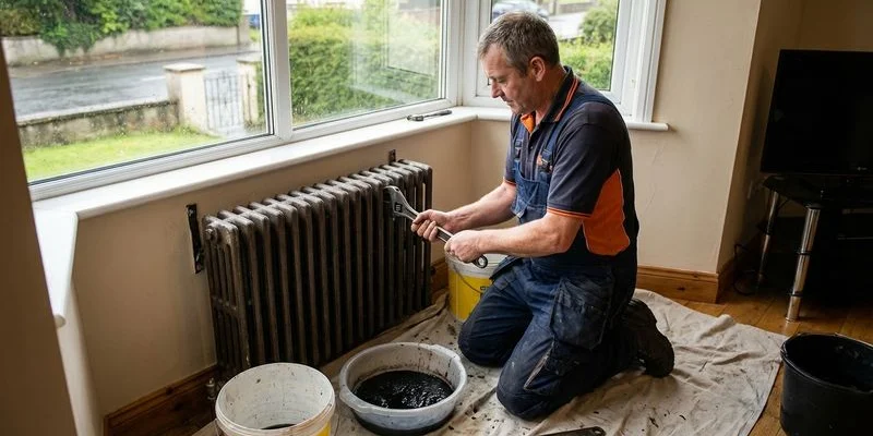 Plumber removing a radiator from the wall brackets in a Sligo home to flush out sludge and debris