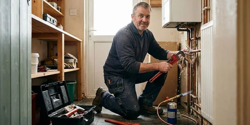 Professional plumber repairing a burst copper pipe joint in a utility room with tools and fittings visible