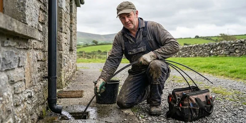 Plumber using drain rods to clear a blocked external drain gulley at the side of a Sligo property