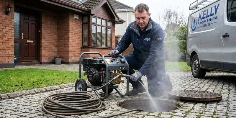 Professional plumber operating high-pressure jetting machine connected to drain access point at property