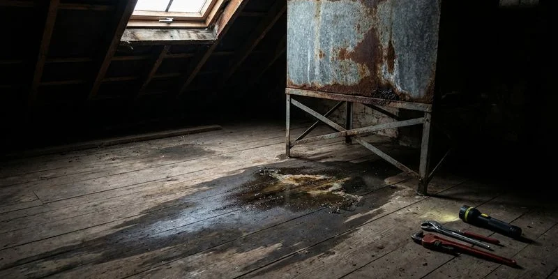 Water stains and damp patch on an attic floor beneath a corroded galvanised cold water storage tank
