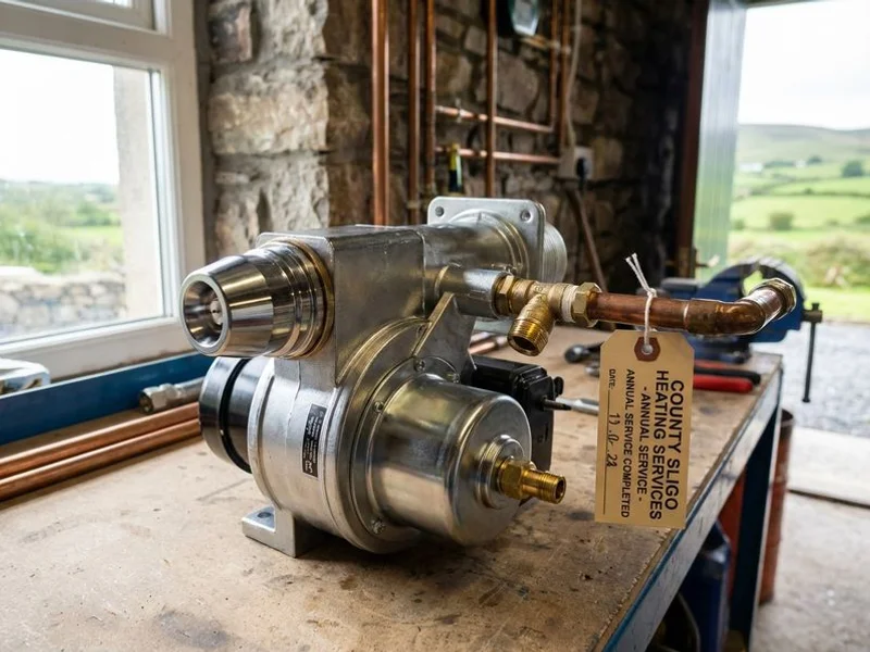 Clean oil boiler burner assembly after annual service with new nozzle installed by qualified engineer in County Sligo