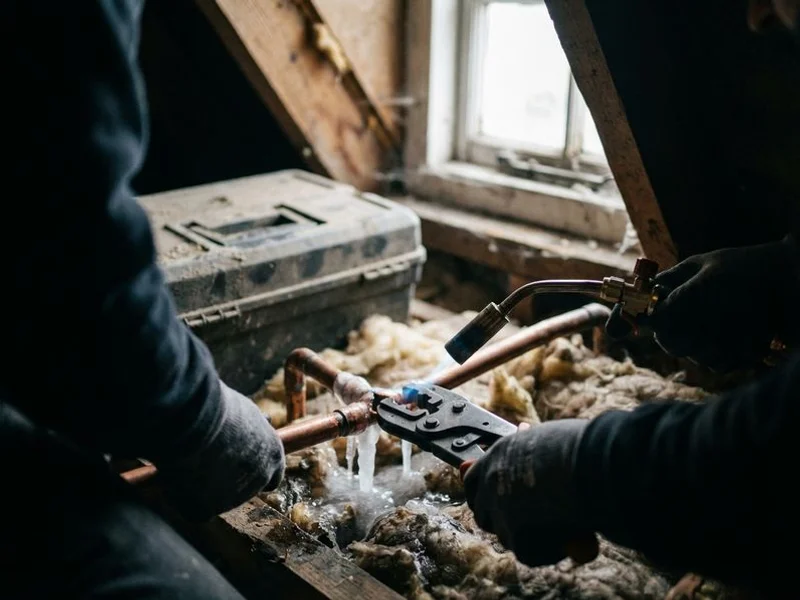 Close-up of a burst copper water pipe being repaired by a professional plumber in a Sligo home attic space