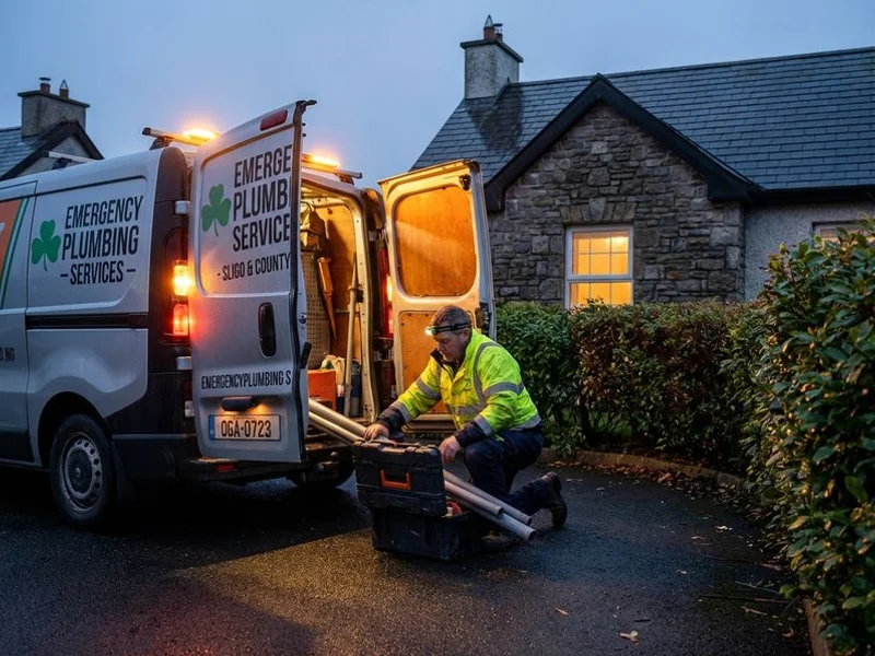 Emergency plumber arriving at a Sligo home at night to repair a major water leak in the kitchen