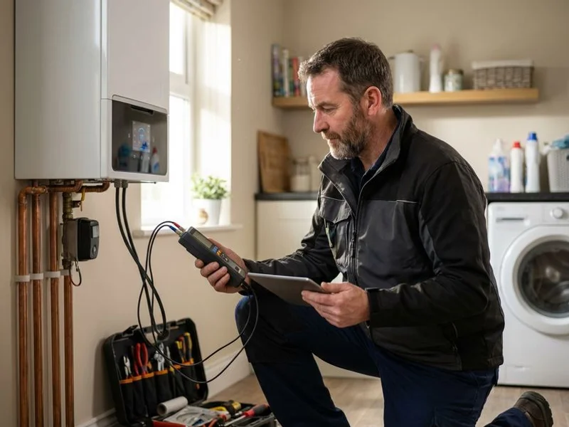 Heating engineer commissioning and testing a newly installed gas condensing boiler with digital controls in Sligo