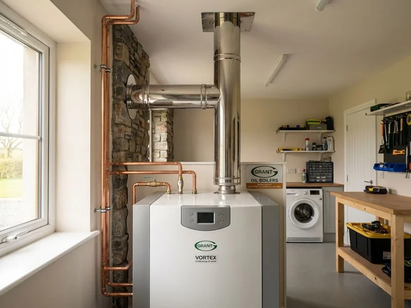 New Grant oil boiler being professionally installed with new flue system in a County Sligo home utility room