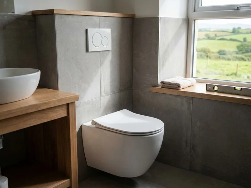 New dual-flush toilet professionally installed in a renovated bathroom in a County Sligo home