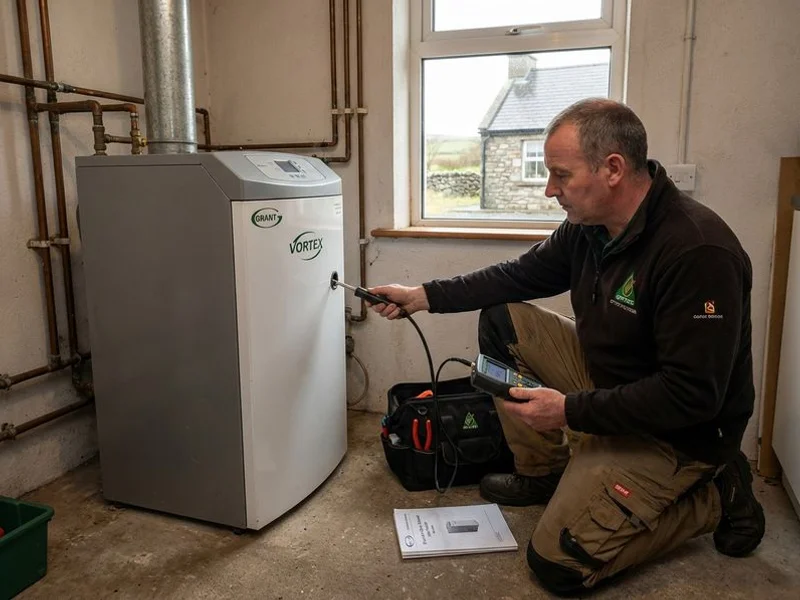 OFTEC engineer using a flue gas analyser to test oil boiler emissions during annual service in a Sligo home