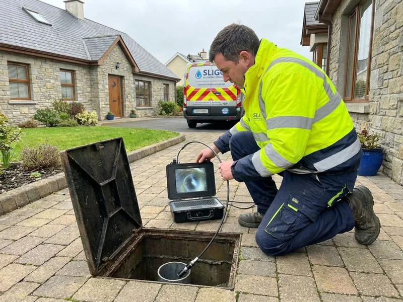 Plumber performing CCTV drain survey inspection on external drainage system at a residential property in County Sligo
