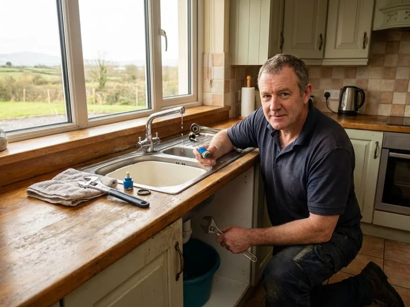 Professional plumber repairing a dripping kitchen mixer tap in a Sligo home by replacing the ceramic cartridge
