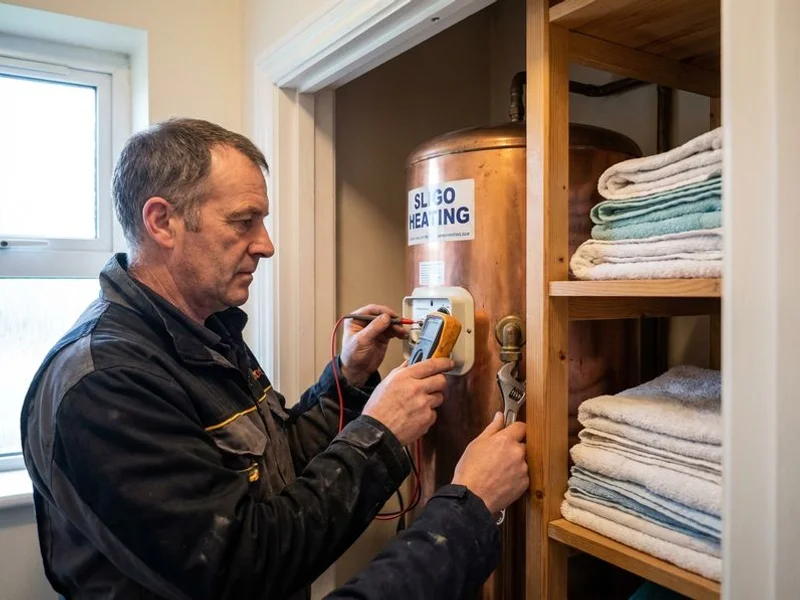 Plumber testing the thermostat and immersion heater on a copper hot water cylinder in a County Sligo airing cupboard