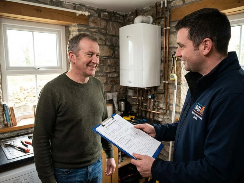 Written gas boiler service report with flue gas readings being handed to homeowner by RGI engineer in County Sligo
