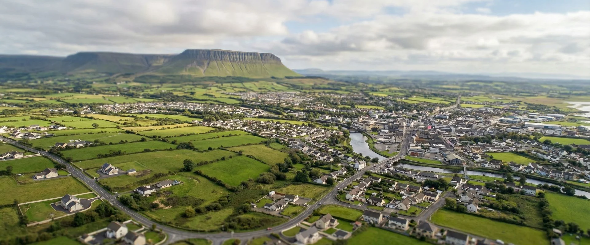 Aerial view of Sligo Town and County Sligo countryside with Ben Bulben mountain in background