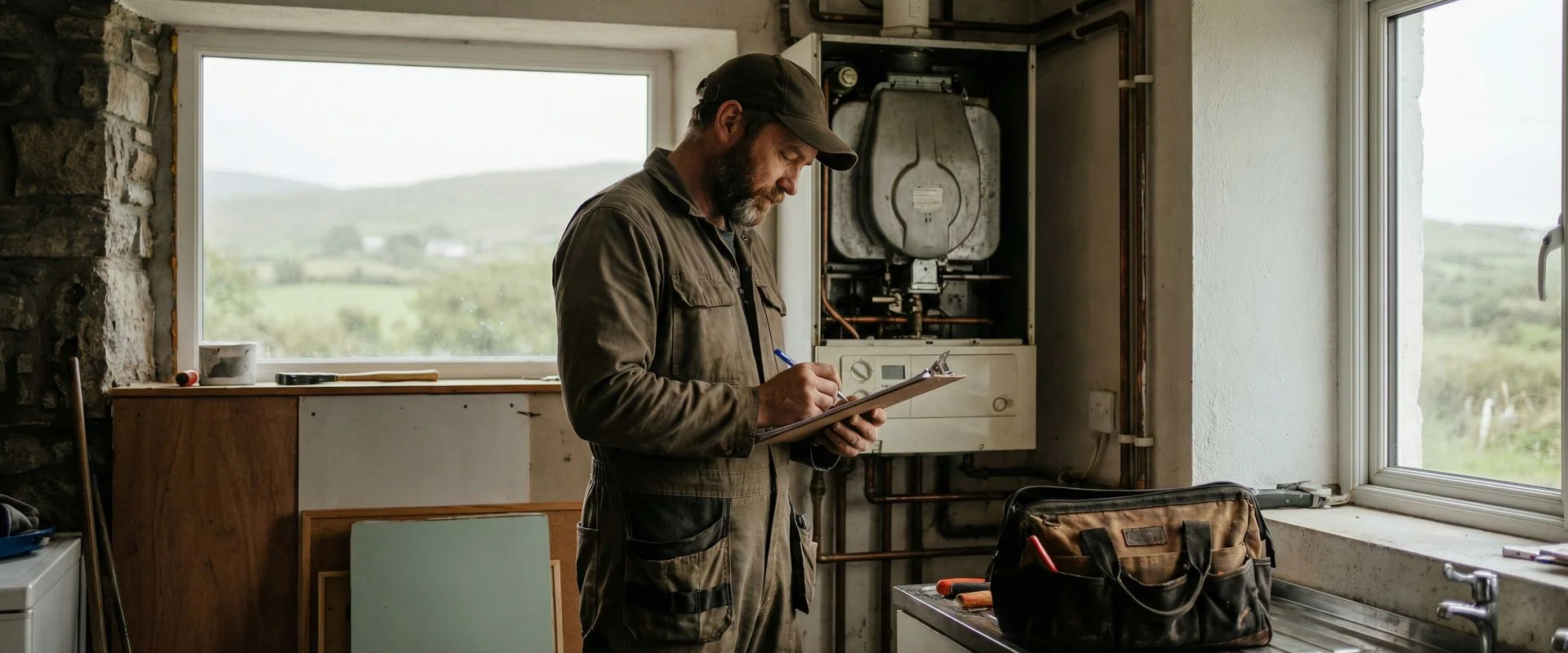 Professional plumber writing inspection notes beside a residential boiler in a Sligo home