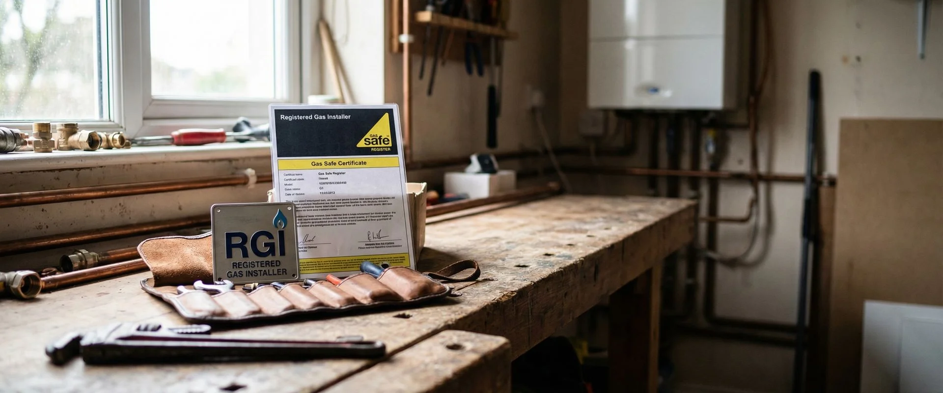 RGI registered gas installer badge and Gas Safe certificate displayed on professional workbench
